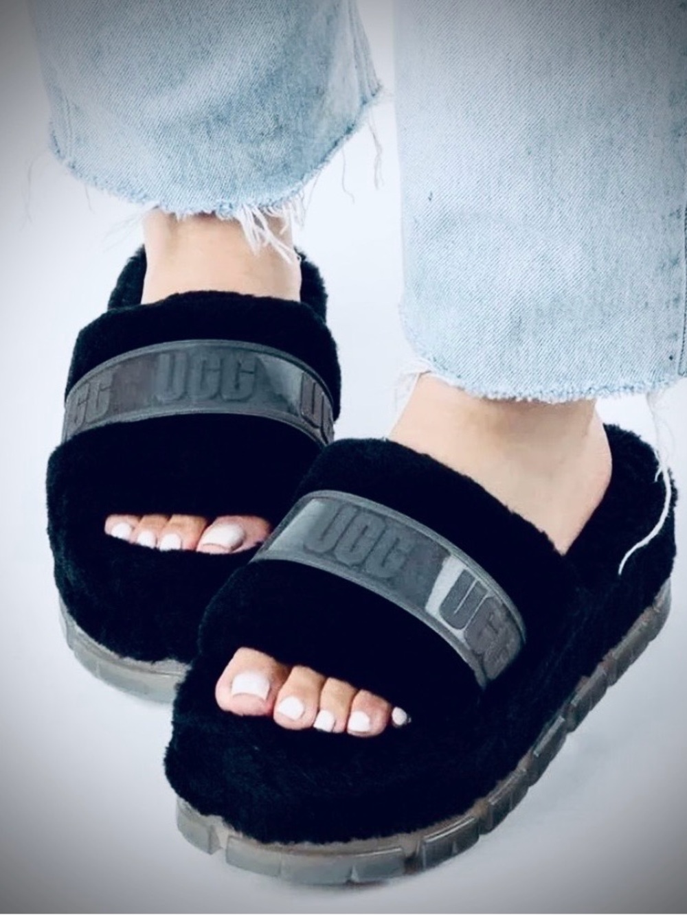 Ugg fluffita clear black faux fur platform slippers